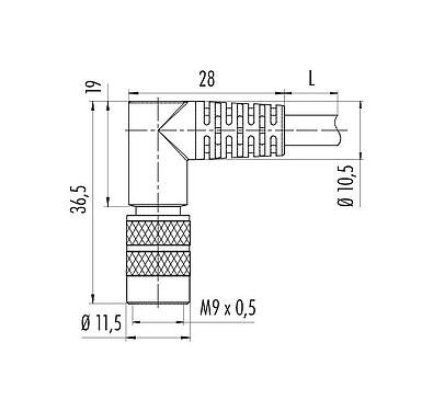 Scale drawing 79 1425 75 08 - M9 Male angled connector, Contacts: 8, shielded, moulded on the cable, IP67, PUR, black, 8 x 0.14 mm², 5 m