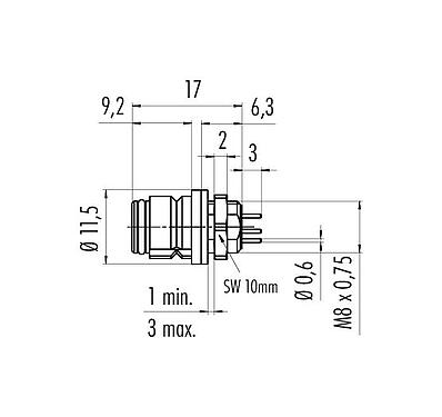 Scale drawing 99 9208 490 03 - Snap-In Female panel mount connector, Contacts: 3, unshielded, THT, IP67
