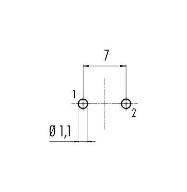 Conductor layout 09 0104 99 02 - M16 Female panel mount connector, Contacts: 2 (02-a), unshielded, THT, IP67, UL, front fastened