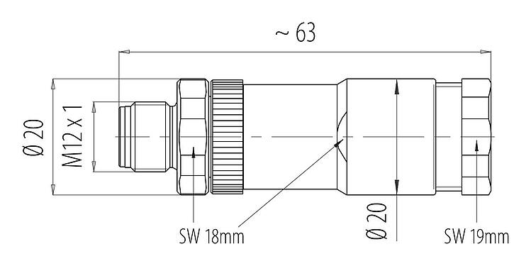 스케일 드로잉 99 0437 287 05 - M12 듀오 케이블 커넥터, 콘택트 렌즈: 5, 2x케이블Ø2.10-3.0mm또 Ø4.0-5.0mm, 차폐되지 않음, 나사 클램프, IP67, UL