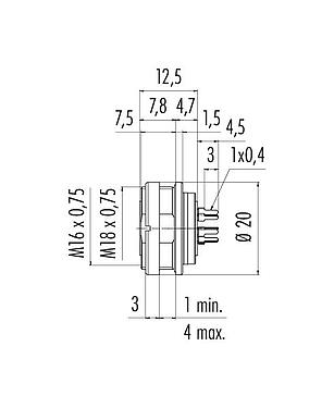Scale drawing 09 0174 99 08 - M16 Female panel mount connector, Contacts: 8 (08-a), unshielded, THT, IP68, UL, AISG compliant, front fastened