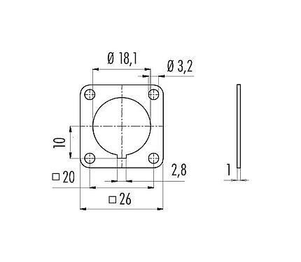 Desenho da escala 04 0106 001 - M16 IP40 - flange quadrada para conectores de flange; série 581/680/682