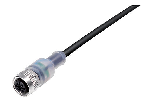 Illustration 77 3630 0000 50003-0200 - M12 Female cable connector, Contacts: 3, unshielded, moulded on the cable, IP69K, UL, PUR, black, 3 x 0.34 mm², with LED PNP, 2 m