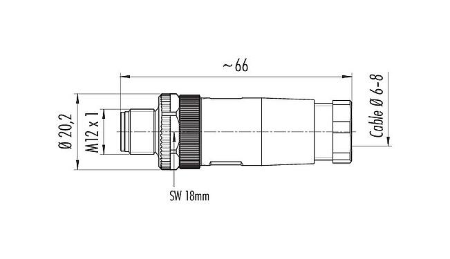 Desenho da escala 99 0689 32 04 - M12 Plugue de cabo, Contatos: 3+PE, 6,0-8,0 mm, desprotegido, pinça de parafuso, IP67, UL, VDE