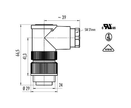 Scale drawing 99 4225 215 07 - RD24 Male angled connector, Contacts: 6+PE, 10.0-12.0 mm, unshielded, solder, IP67, UL, ESTI+, VDE, PG 13.5