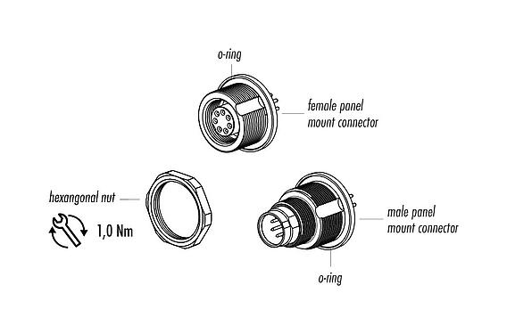 Component part drawing 09 0404 90 02 - M9 Female panel mount connector, Contacts: 2, unshielded, THT, IP67, front fastened