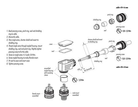 Instrução de montagem 99 1437 822 05 - M12 Plugue angular, Contatos: 5, 6,0-8,0 mm, blindável, pinça de parafuso, IP67, UL