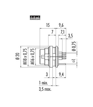 Scale drawing 09 0173 290 08 - M16 Male panel mount connector, Contacts: 8 (08-a), shieldable, THT, IP68, UL, AISG compliant, front fastened