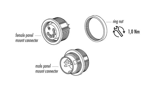 Component part drawing 09 0323 00 06 - M16 Male panel mount connector, Contacts: 6 (06-a), unshielded, solder, IP40