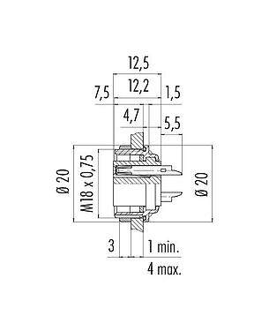 Schaaltekening 09 0124 80 06 - M16 Female panel mount connector, aantal polen: 6 (06-a), onafgeschermd, soldeer, IP67, UL, aan voorkant verschroefbaar