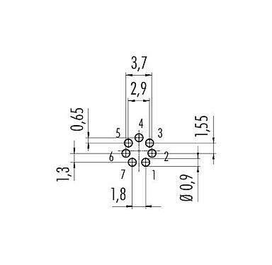 Disposizione dei conduttori 09 0423 90 07 - M9 Connettore maschio a flangia, Numero poli: 7, non schermato, THT, IP67, montaggio anteriore