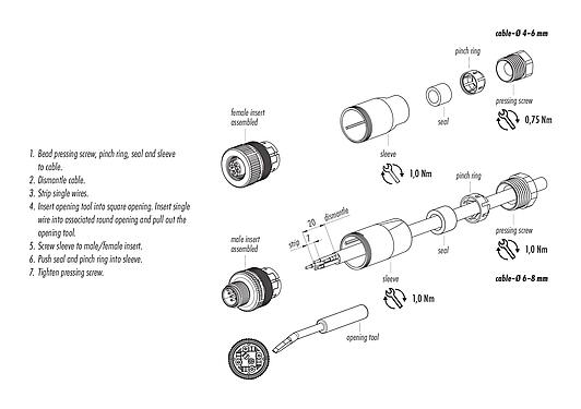 Instrução de montagem 99 0525 12 04 - M12 Plugue de cabo, Contatos: 4, 6,0-8,0 mm, desprotegido, braçadeira de arame, IP67