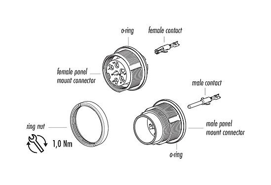Component part drawing 09 0124 780 06 - M16 Female panel mount connector, Contacts: 6 (06-a), unshielded, crimping (Crimp contacts must be ordered separately), IP67, UL, front fastened