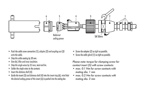 조립 지침 99 4636 00 06 - M23 케이블 소켓, 콘택트 렌즈: 6, 6.0-10.0mm, 차폐되지 않음, 솔더, IP67