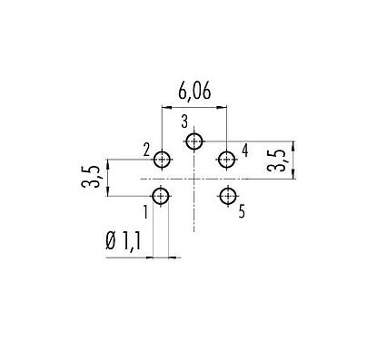 Расположение проводников 09 0116 99 05 - M16 Фланцевая розетка, Количество полюсов: 5 (05-a), не экранированный, THT, IP67, UL, привинчивается спереди