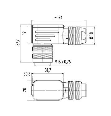 Desenho da escala 99 5110 750 04 - M16 Tomada angular, Contatos: 4 (04-a), 4,0-6,0 mm, blindável, crimpado (os contactos de crimpdevem ser encomendados separadamente), IP67, UL
