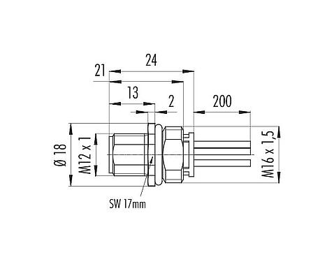 Scale drawing 09 0701 400 05 - M12 Male panel mount connector, Contacts: 4+PE, unshielded, single wires, IP68, UL, M16x1.5