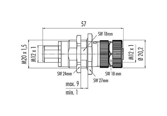 Desenho da escala 09 5242 00 04 - M12 Passagem para cabine de controle, Contatos: 4, blindado, plugáveis, IP67, UL