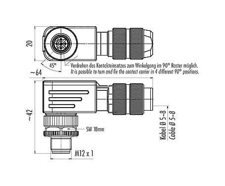 Desenho da escala 99 3727 820 04 - M12 Plugue angular, Contatos: 4, 5,0-8,0 mm, blindável, pinça de parafuso, IP67, UL