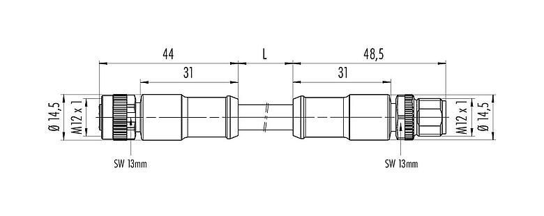 Desenho da escala 77 0630 0629 50704-0200 - M12/M12 Cabo de conexão plugue de cabo - tomada de cabo, Contatos: 4, desprotegido, moldado no cabo, IP68, PUR, preto, 4 x 1,50 mm², 2 m