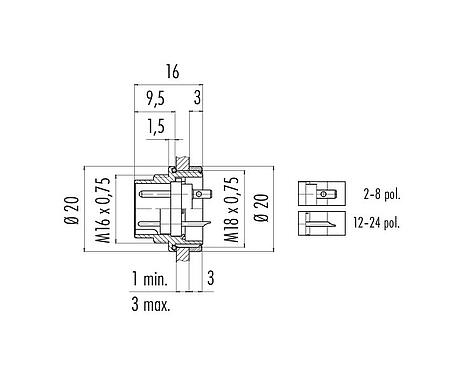 Schaaltekening 09 0127 09 07 - M16 Male panel mount connector, aantal polen: 7 (07-a), onafgeschermd, soldeer, IP67, UL