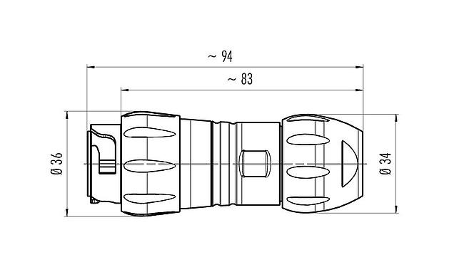 Desenho da escala 99 6489 000 05 - Baioneta Plugue de cabo, Contatos: 4+PE, 7,0-17,0 mm, desprotegido, crimpado (os contactos de crimpdevem ser encomendados separadamente), IP68/IP69K, UL, VDE