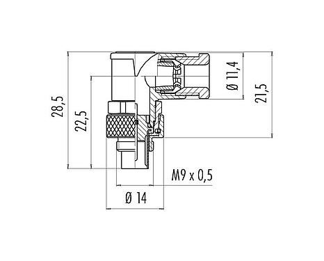 Scale drawing 99 0401 70 02 - M9 Male angled connector, Contacts: 2, 3.5-5.0 mm, unshielded, solder, IP67