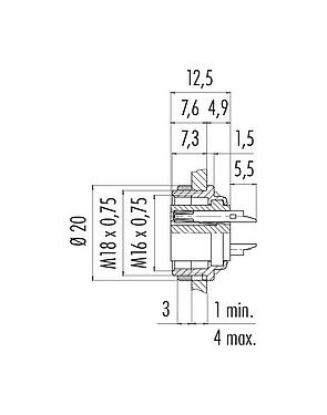 Schaaltekening 09 0324 89 06 - M16 Female panel mount connector, aantal polen: 6 (06-a), onafgeschermd, soldeer, IP40, aan voorkant verschroefbaar