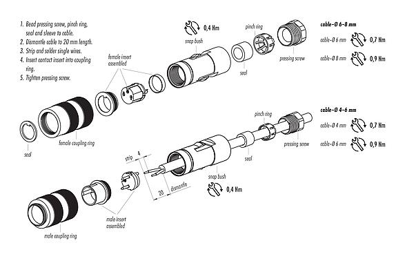 조립 지침 09 0106 19 03 - M16 케이블 소켓, 콘택트 렌즈: 3 (03-a), 4.0-6.0mm, 차폐되지 않음, 솔더, IP67