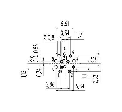 Disposizione dei conduttori 86 0131 0000 00012 - M12 Connettore maschio a flangia, Numero poli: 12, non schermato, THT, IP68, UL, PG 9