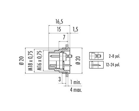 Schaaltekening 09 0307 89 03 - M16 Male panel mount connector, aantal polen: 3 (03-a), onafgeschermd, soldeer, IP40, aan voorkant verschroefbaar