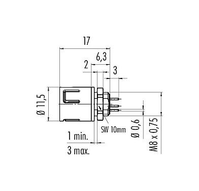 Scale drawing 99 9211 090 04 - Snap-In Male panel mount connector, Contacts: 4, unshielded, THT, IP67, UL