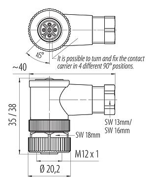스케일 드로잉 99 0430 24 04 - M12 각진 소켓, 콘택트 렌즈: 4, 4.0-6.0mm, 차폐되지 않음, 나사 클램프, IP67, UL