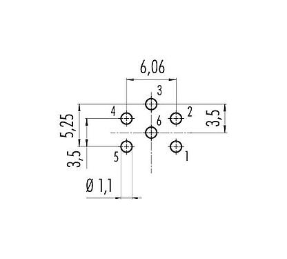 Disposizione dei conduttori 09 0123 99 06 - M16 Connettore maschio a flangia, Numero poli: 6 (06-a), non schermato, THT, IP67, UL, montaggio anteriore