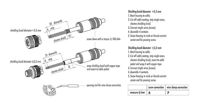 Instructions de montage 99 1439 910 05 - M12 Connecteur mâle, Contacts: 5, 8,0-9,0 mm, blindable, pince à visser, IP67, UL