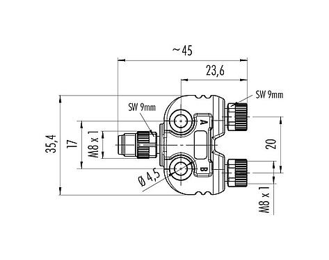 Scale drawing 79 5232 70 04 - M8 Twin distributor, Y-distributor, male M8x1 - 2 female M8x1, Contacts: 4/3, unshielded, pluggable, IP67, UL