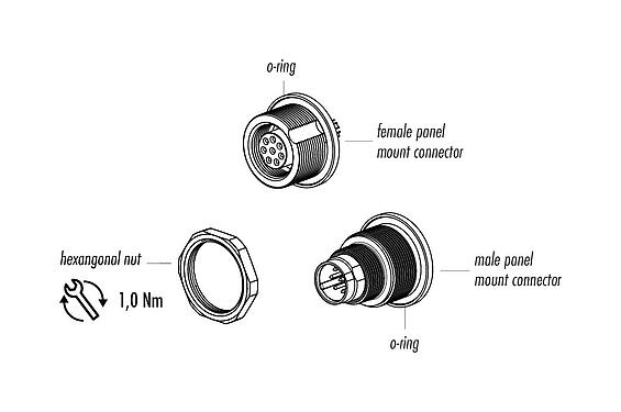 Artikelbeschrijving 09 0404 80 02 - M9 Female panel mount connector, aantal polen: 2, onafgeschermd, soldeer, IP67, aan voorkant verschroefbaar