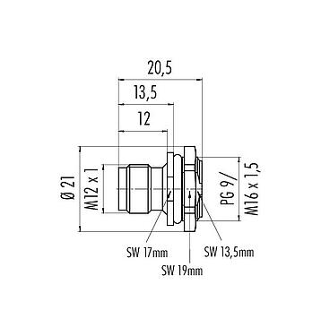 Scale drawing 86 4331 1002 00005 - M12 Male panel mount connector, Contacts: 5, unshielded, solder, IP67, UL, M16x1.5