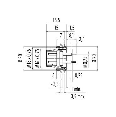 Scale drawing 09 0127 65 07 - M16 Male panel mount connector, Contacts: 7 (07-a), unshielded, THT, IP67, front fastened