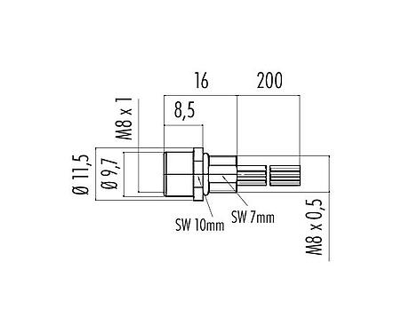 Schaaltekening 09 3390 00 04 - M8 Female panel mount connector, aantal polen: 4, onafgeschermd, draden, IP67, M8x0,5