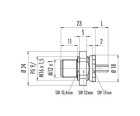 Scale drawing 76 4831 3011 00004-0200 - M12 Male panel mount connector, Contacts: 4, unshielded, single wires, IP67, UL, PG 9, front fastened