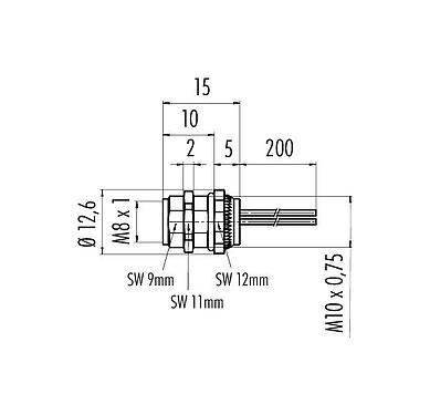 스케일 드로잉 09 3418 86 03 - M8 플랜지 리셉터클, 콘택트 렌즈: 3, 차폐되지 않음, 단일 전선, IP67, M10x0.75, 전면 마운팅