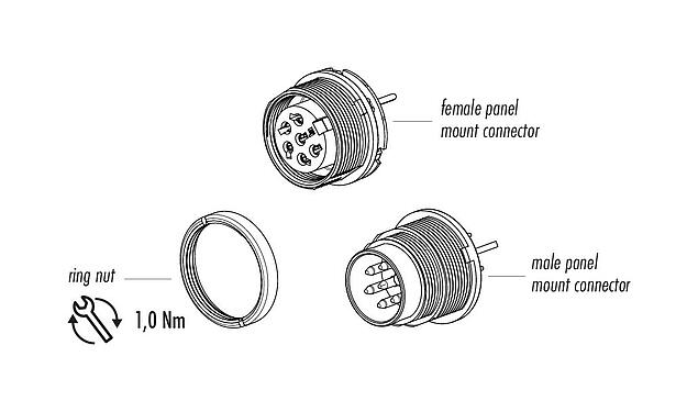 Artikelbeschrijving 09 0312 290 04 - M16 Female panel mount connector, aantal polen: 4 (04-a), schermbaar, THT, IP40, aan voorkant verschroefbaar