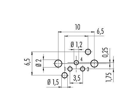 Conductor layout 99 3403 282 03 - M8 Male angled panel mount connector, Contacts: 3, unshielded, THR, IP67, UL, front fastened