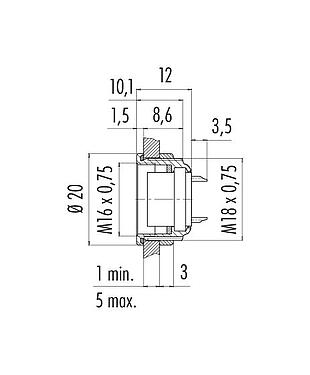 Scale drawing 09 0498 00 24 - M16 Female panel mount connector, Contacts: 24, unshielded, solder, IP67, UL