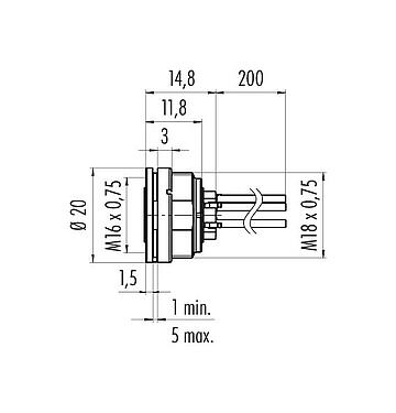 Desenho da escala 09 0316 702 05 - M16 Soquete de flange, Contatos: 5 (05-a), desprotegido, fios simples, IP40