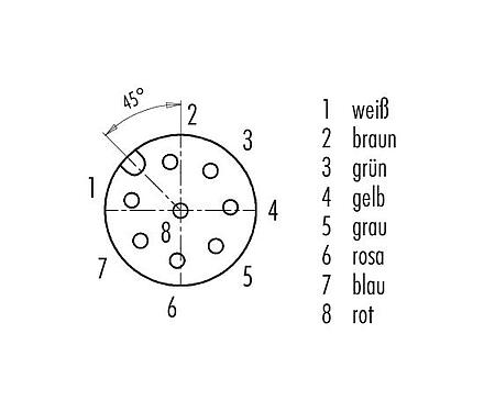 Polbild (Steckseite) 77 3434 0000 20708-0200 - M12 Winkeldose, Polzahl: 8, ungeschirmt, am Kabel angespritzt, IP69K, UL, PVC, grau, 8 x 0,25 mm², 2 m