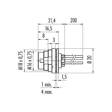 Schaaltekening 09 0311 782 04 - M16 Male panel mount connector, aantal polen: 4 (04-a), onafgeschermd, draden, IP40