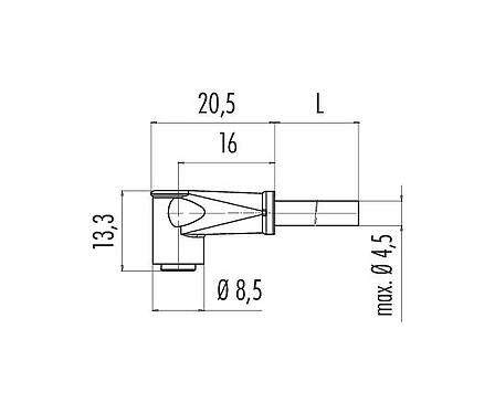 Desenho da escala 79 3414 42 03 - Snap-in Tomada angular, Contatos: 3, desprotegido, moldado no cabo, IP65, PVC, preto, 3 x 0,25 mm², 2 m