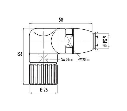 Scale drawing 99 4610 70 16 - M23 Female angled connector, Contacts: 16, 6.0-10.0 mm, unshielded, solder, IP67
